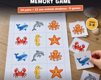 Juego de memoria del mar para imprimir, 24 parejas + sombras de animales marinos, actividad fondo del mar niños, preescolar, sin texto