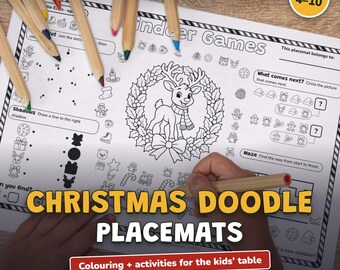 Manteles de Navidad para Colorear Niños, Doodle Busca y Encuentra, 7 Diseños, 2 Niveles 4-10 Años, Mantel Individual Imprimible PDF