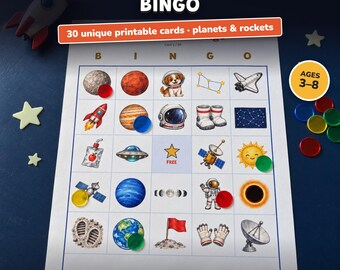 Bingo del espacio para imprimir, juego infantil con imágenes, cohete astronauta planetas, cumpleaños espacial, preescolar, clase STEM