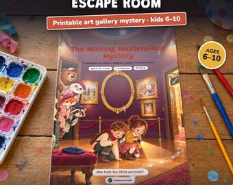 May include: A printable art gallery mystery game titled The Missing Masterpiece Mystery for ages 6-10. The cover features two children with a flashlight, anthropomorphic animals, and an empty gold frame in a gallery. Includes watercolor paints and brushes.