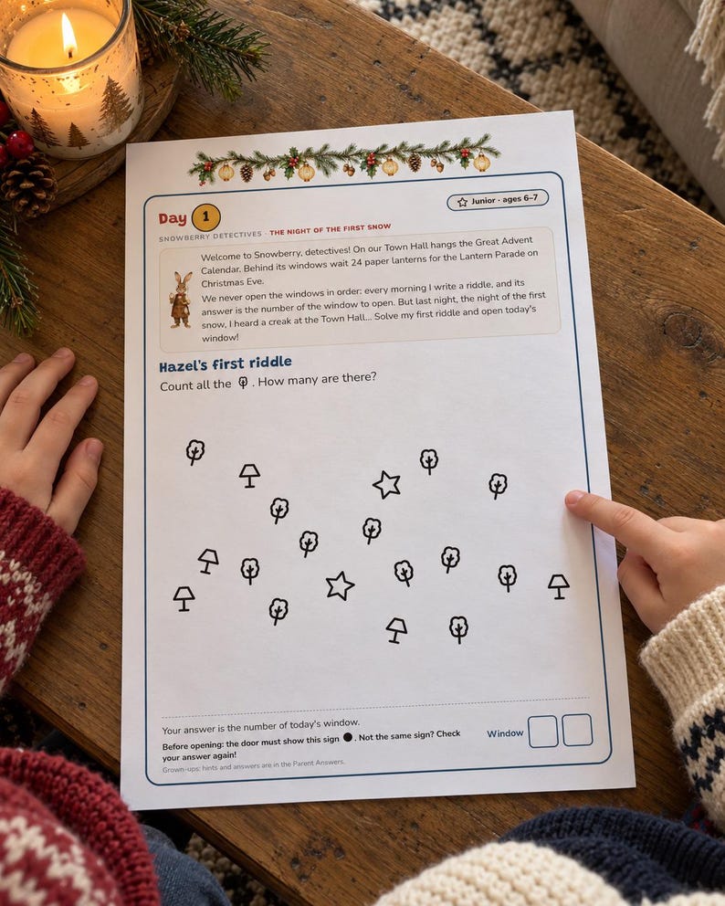 Advent Calendar for Kids Printable, 24 Day Christmas Mystery Game, Detective Countdown Ages 6-10, 2 Levels, Paper Calendar to Build image 2