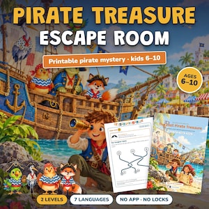 May include: A printable pirate treasure escape room game for kids ages 6-10. The image features a cartoon pirate ship with animal characters, a child using a telescope, a puzzle worksheet, and a game cover titled The Lost Pirate Treasure.