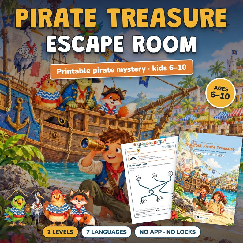 May include: A printable pirate treasure escape room game for kids ages 6-10. The image features a cartoon pirate ship with animal characters, a child using a telescope, a puzzle worksheet, and a game cover titled The Lost Pirate Treasure.