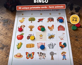 Bingo de los animales de la granja para imprimir, juego infantil con imágenes, cartones de bingo, preescolar, cumpleaños granja