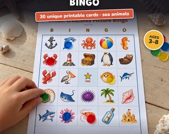 Bingo de los animales del océano para imprimir, juego infantil con imágenes, cartones de bingo, preescolar, fiesta infantil, bajo el mar
