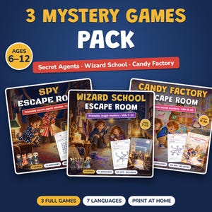 May include: A 3 Mystery Games Pack featuring Spy Escape Room, Wizard School Escape Room, and Candy Factory Escape Room. The set includes printable activities for ages 6-12, with 3 full games available in 7 languages, designed for home printing.