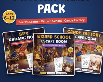 Escape Room Infantil para Imprimir, Pack de 3 Juegos de Detectives 6-12 Años, Espías, Magos, Caramelos, Cumpleaños, Búsqueda del Tesoro