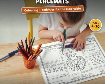 Thanksgiving Placemats for Kids Printable, Doodle Coloring Placemat, Seek and Find, 7 Designs 2 Levels Ages 4-10, Kids Table Activity