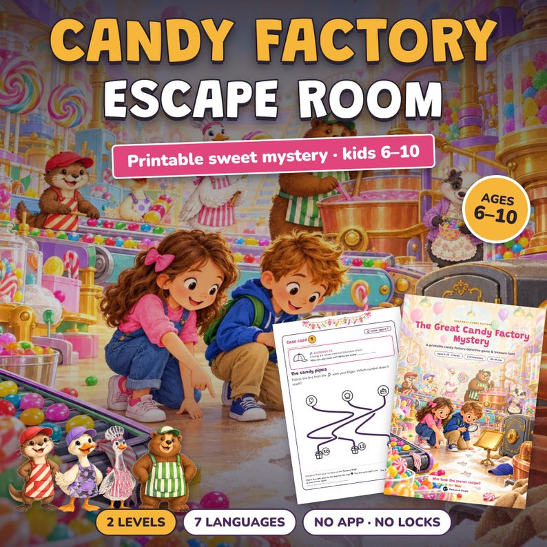 Escape Room Stampabile Fabbrica di Caramelle per Bambini 6-10 Anni, Gioco Investigativo, Caccia al Tesoro Festa a Tema Caramelle, 2 Livelli immagine 4