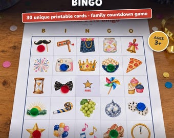 New Years Eve Bingo Printable, 30 Unique Picture Bingo Cards for Kids and Family, NYE Party Game, Countdown Activity, Classroom Game