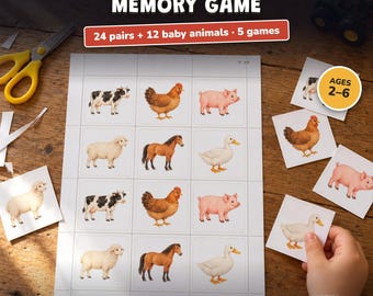 Juego de memoria granja para imprimir, animales y sus crías, 24 parejas, actividad infantil desde 2 años, preescolar, sin texto