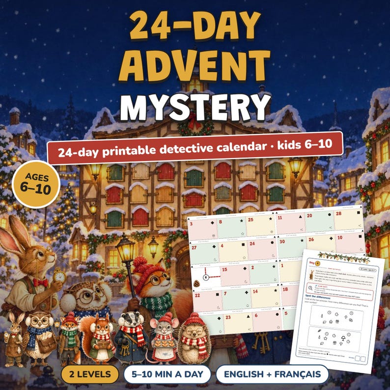 Advent Calendar for Kids Printable, 24 Day Christmas Mystery Game, Detective Countdown Ages 6-10, 2 Levels, Paper Calendar to Build image 4