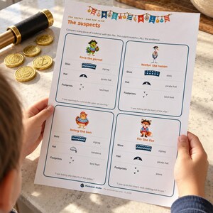 May include: A printed game sheet titled The Suspects featuring four animal characters: Coco the parrot, Hector the heron, Henny the hen, and Fin the fox. Each section lists shirt patterns, hat types, and footprint icons for comparison.
