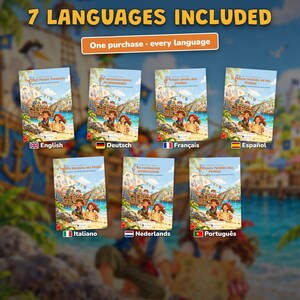 May include: Seven book covers featuring a pirate ship illustration with children on a beach. Text includes 7 LANGUAGES INCLUDED, One purchase every language, and titles in English, German, French, Spanish, Italian, Dutch, and Portuguese.