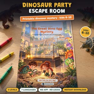 Anniversaire Dinosaure Jeu à Imprimer, Escape Game Enfant 6-10 Ans, Fête Dinosaures, Jeu d'Enquête et Chasse au Trésor Maison, 2 Niveaux image 1