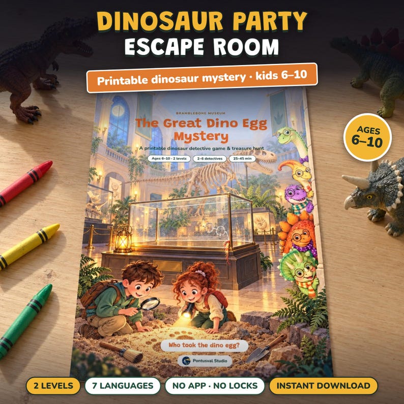 Anniversaire Dinosaure Jeu à Imprimer, Escape Game Enfant 6-10 Ans, Fête Dinosaures, Jeu d'Enquête et Chasse au Trésor Maison, 2 Niveaux image 1