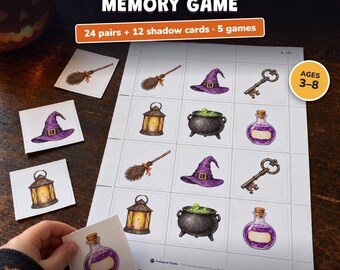 Juego de memoria Halloween para imprimir, 24 parejas + cartas de sombras, actividad Halloween niños, juego de fiesta infantil, sin texto
