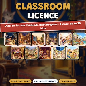 May include: A digital classroom license for Pontusval mystery games, featuring text that reads CLASSROOM LICENCE and Add-on for any Pontusval mystery game 1 class, up to 30 kids. Includes ten illustrated scenes of children solving puzzles.