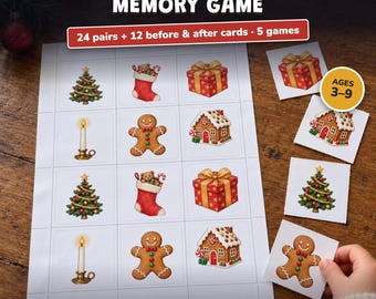 Juego de memoria Navidad para imprimir, 24 parejas + cartas de antes y después, actividad Navidad niños, juego infantil, sin texto