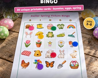 Bingo de Pascua y primavera para imprimir, juego infantil con imágenes, conejo y huevos, búsqueda de huevos, preescolar, fiesta, clase