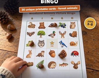 Bingo de los animales del bosque para imprimir, juego infantil con imágenes, cartones de bingo, preescolar, fiesta infantil, naturaleza
