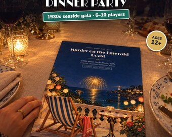 Cena con Asesinato Imprimible Años 30, Juego de Misterio de Verano en la Costa, Fiesta de Misterio para Cumpleaños y Familias, 6 a 10
