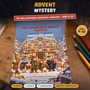 Advent Calendar for Kids Printable, 24 Day Christmas Mystery Game, Detective Countdown Ages 6-10, 2 Levels, Paper Calendar to Build image 1
