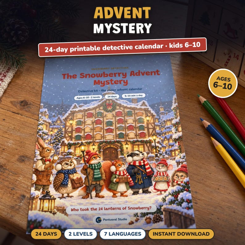 Advent Calendar for Kids Printable, 24 Day Christmas Mystery Game, Detective Countdown Ages 6-10, 2 Levels, Paper Calendar to Build image 1