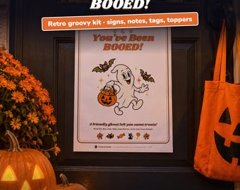 Retro You've Been Booed Printable Kit, Groovy 70s Halloween Boo Kit for Neighbors, Boo Signs, Poem Note, Gift Tags, Treat Bag Toppers