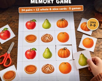 Juego de memoria otoño para imprimir, 24 parejas + cartas entero y trozo, juego de cosecha niños, actividad de otoño, sin texto