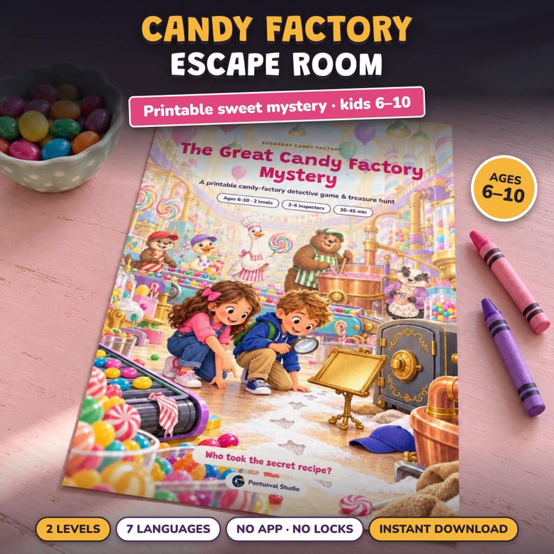 Escape Room Stampabile Fabbrica di Caramelle per Bambini 6-10 Anni, Gioco Investigativo, Caccia al Tesoro Festa a Tema Caramelle, 2 Livelli immagine 1