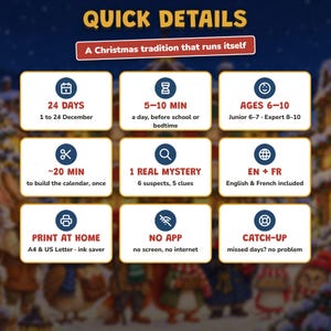 Advent Calendar for Kids Printable, 24 Day Christmas Mystery Game, Detective Countdown Ages 6-10, 2 Levels, Paper Calendar to Build image 5
