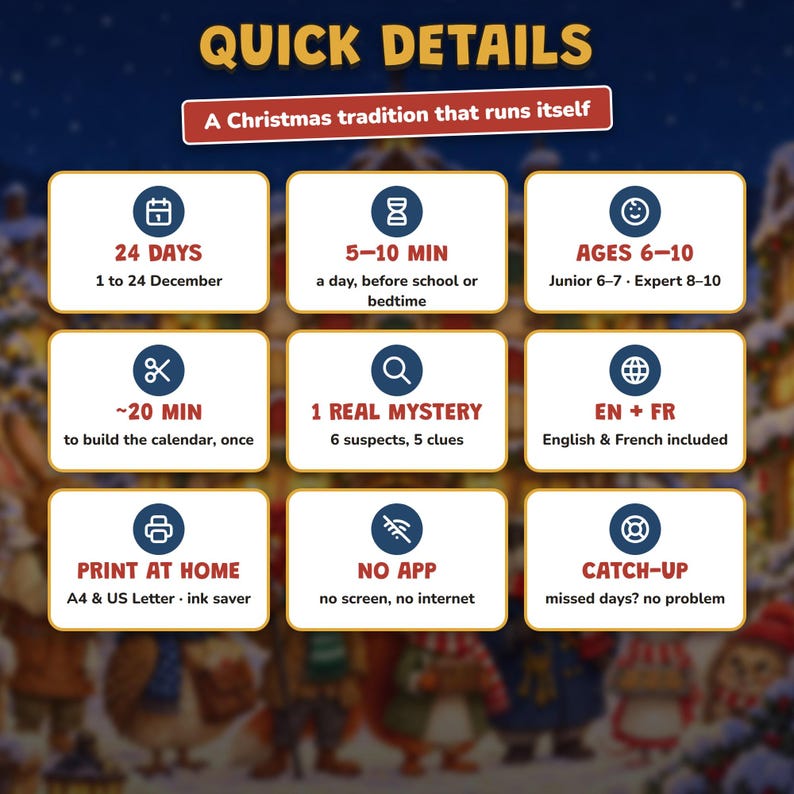 Advent Calendar for Kids Printable, 24 Day Christmas Mystery Game, Detective Countdown Ages 6-10, 2 Levels, Paper Calendar to Build image 5