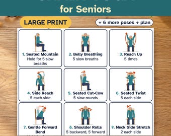 Puede incluir: Un cuadro instructivo blanco titulado CHAIR YOGA for Seniors con una etiqueta LARGE PRINT. Presenta nueve ilustraciones numeradas de una persona realizando posturas de yoga en una silla, incluyendo Seated Mountain, Belly Breathing y Reach Up.