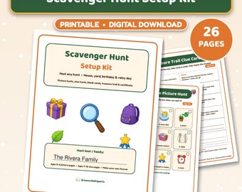 Scavenger Hunt Setup Kit Printable, Indoor Outdoor Birthday Rainy Day Hunts, Clue Cards Treasure Trail Ages 3-12