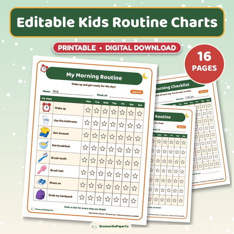Editable Kids Routine Chart Printable, Morning, After School & Bedtime ...