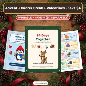 Pacchetto di attività stampabili per bambini per le vacanze, calendario dell'Avvento + puzzle per le vacanze invernali (seconda elementare) + biglietti di San Valentino per bambini / da Natale a San Valentino