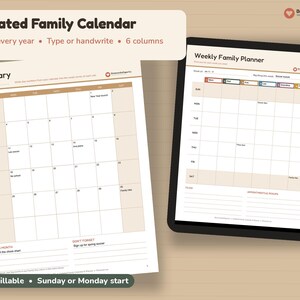 Calendario familiare stampabile senza date, agenda familiare modificabile, riutilizzabile ogni anno, inizio domenica o lunedì, formato A4