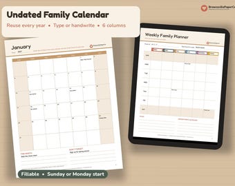 Undated Family Calendar Printable, Editable Family Planner, Reuse Every Year, Sunday or Monday Start, Letter A4