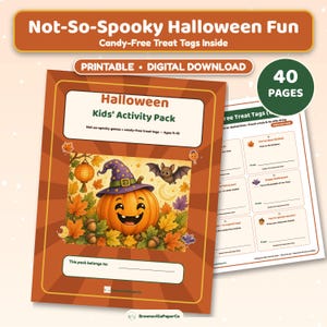 Kit di attività di Halloween stampabili per bambini, giochi per feste in classe non spaventosi, etichette per dolcetti senza caramelle, età 4-10 immagine 1
