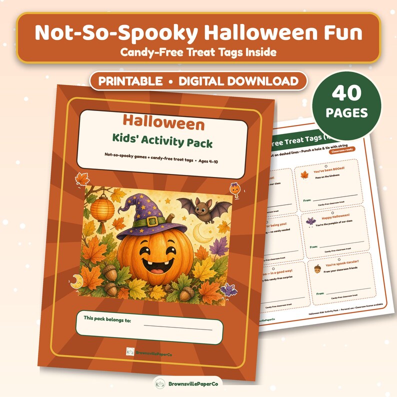 Kit di attività di Halloween stampabili per bambini, giochi per feste in classe non spaventosi, etichette per dolcetti senza caramelle, età 4-10 immagine 1