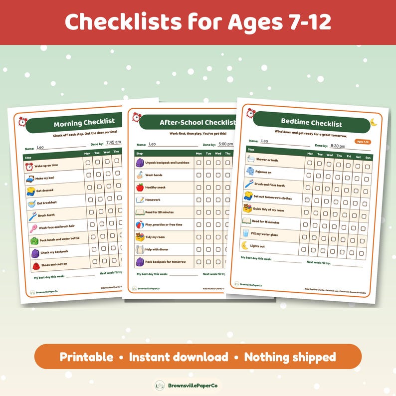 Editable Kids Routine Chart Printable, Morning, After School & Bedtime ...