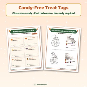 Kit di attività di Halloween stampabili per bambini, giochi per feste in classe non spaventosi, etichette per dolcetti senza caramelle, età 4-10 immagine 3