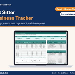 May include: A digital Pet Sitter Business Tracker spreadsheet displayed on a laptop screen. The interface features a Business Dashboard with tables for revenue, expenses, profit, client lists, and unpaid bookings in Excel and Google Sheets.