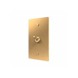 May include: A rectangular brass light switch plate with a brushed finish, featuring a single central toggle switch and two matching flat-head screws positioned at the top and bottom of the plate for secure wall mounting.
