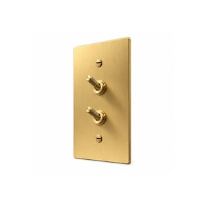 May include: A rectangular brushed brass light switch plate featuring two vertical toggle switches with a textured, knurled grip. The plate is secured by two flat-head screws, one positioned at the top and one at the bottom, matching the brass finish.