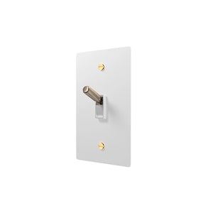 May include: A rectangular white wall light switch plate featuring a single toggle switch with a textured metallic finish. The switch is secured to the plate with two gold-colored flathead screws positioned at the top and bottom centers.