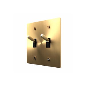 May include: A square, brushed brass light switch plate featuring two toggle switches. Each switch has a textured, knurled metal handle and a black base. The plate is secured to the wall with four flat-head screws, one in each corner.