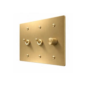 May include: A rectangular brass light switch plate featuring a brushed gold finish. The plate includes two vertical toggle switches and one circular knurled dimmer knob, all secured to the wall with six flat-head screws in matching brass.