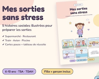 May include: A printable PDF educational resource titled Mes sorties sans stress featuring five illustrated social stories for children. The pages include cartoon characters, scenes of a supermarket, restaurant, train, plane, and pool, plus pause cards and a success chart.